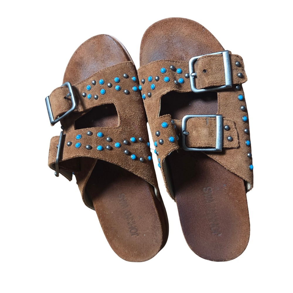 Johnny Was Suede Studded Buckle Slide Sandals Turquoise Accents 7M Boho Chic